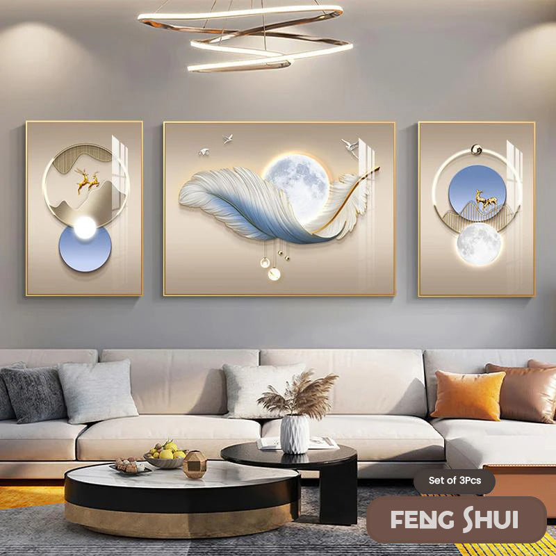 Set of 3 Modern Feather Abstract Canvas Prints for Living Room Decor