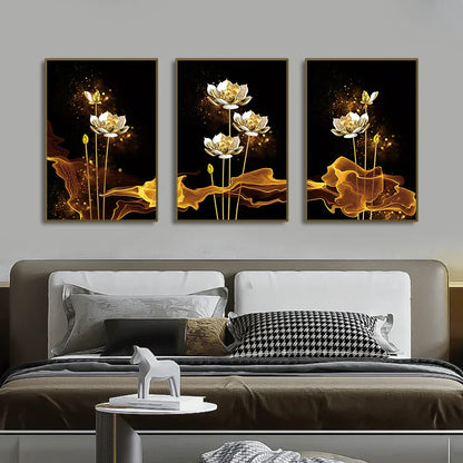 Set of 3 White Golden Lotus Floral Canvas Prints for Luxury Decor