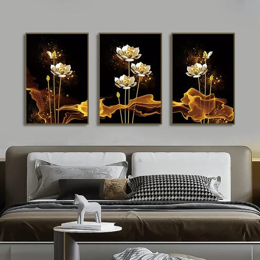 Set of 3 White Golden Lotus Floral Canvas Prints for Luxury Decor