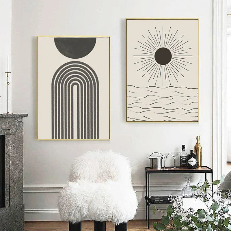 Sun Sea Circles Minimalist Line Art Canvas Prints for Modern Decor