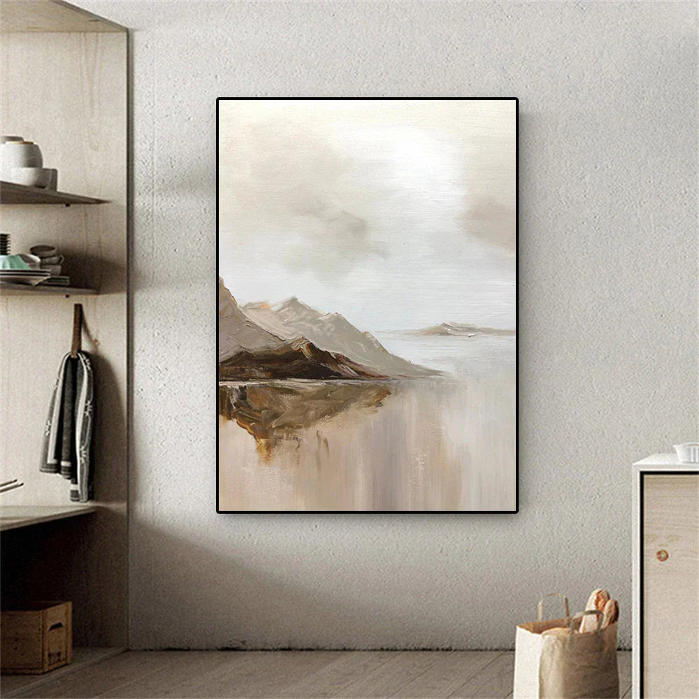 Big Sizes Mountain Lake Landscape Wall Art Fine Art Canvas Prints Brown Beige Grey Neutral Color Textural Abstract Picture For Living Room Entranceway Foyer Art Decor | Kunsthaus Atelier-Homeandso