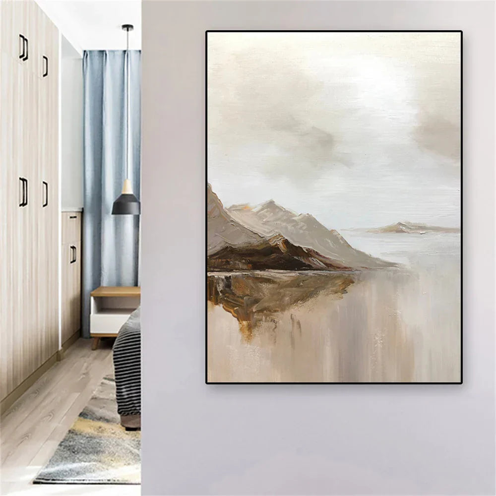 Big Sizes Mountain Lake Landscape Wall Art Fine Art Canvas Prints Brown Beige Grey Neutral Color Textural Abstract Picture For Living Room Entranceway Foyer Art Decor | Kunsthaus Atelier-Homeandso