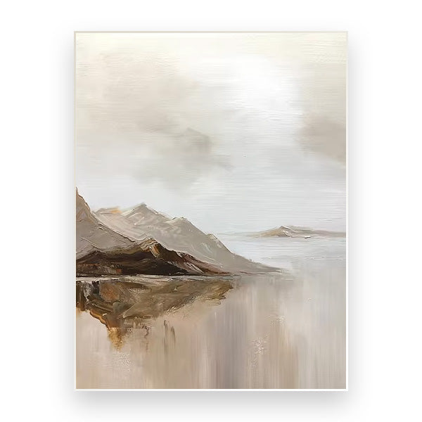 Big Sizes Mountain Lake Landscape Wall Art Fine Art Canvas Prints Brown Beige Grey Neutral Color Textural Abstract Picture For Living Room Entranceway Foyer Art Decor | Kunsthaus Atelier-Homeandso