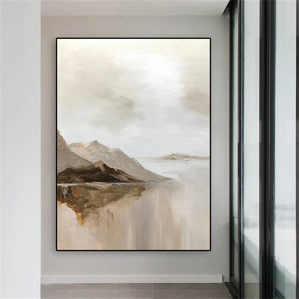 Big Sizes Mountain Lake Landscape Wall Art Fine Art Canvas Prints Brown Beige Grey Neutral Color Textural Abstract Picture For Living Room Entranceway Foyer Art Decor | Kunsthaus Atelier-Homeandso