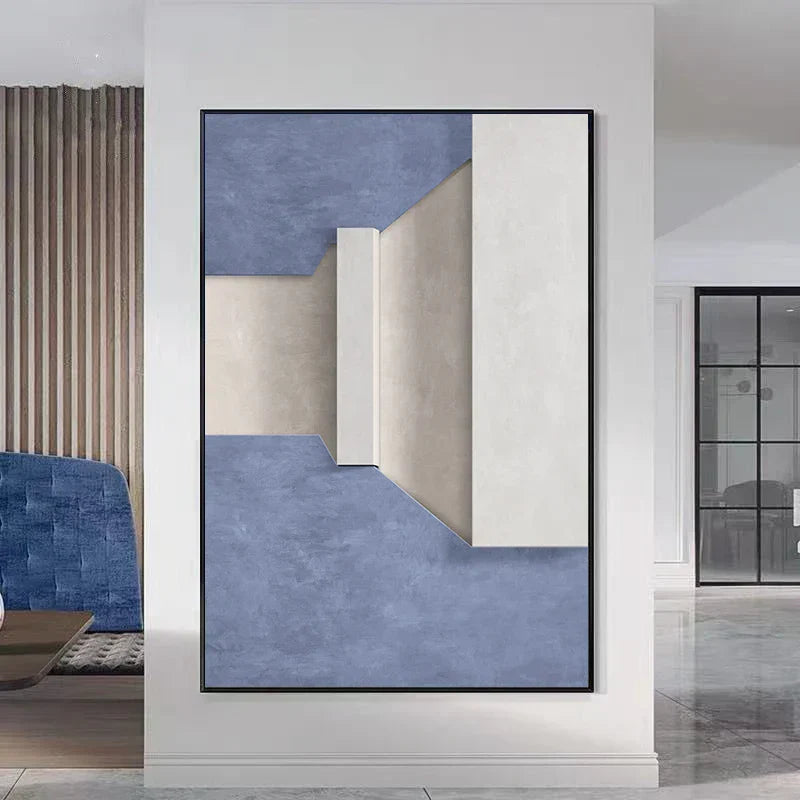 Modern Minimalist Abstract Geometric Canvas Print Wall Art - Three-Dimensional Design in Blue, Beige, and White - Contemporary Wall Art for Home or Office Decor | Kunsthaus Atelier-Homeandso