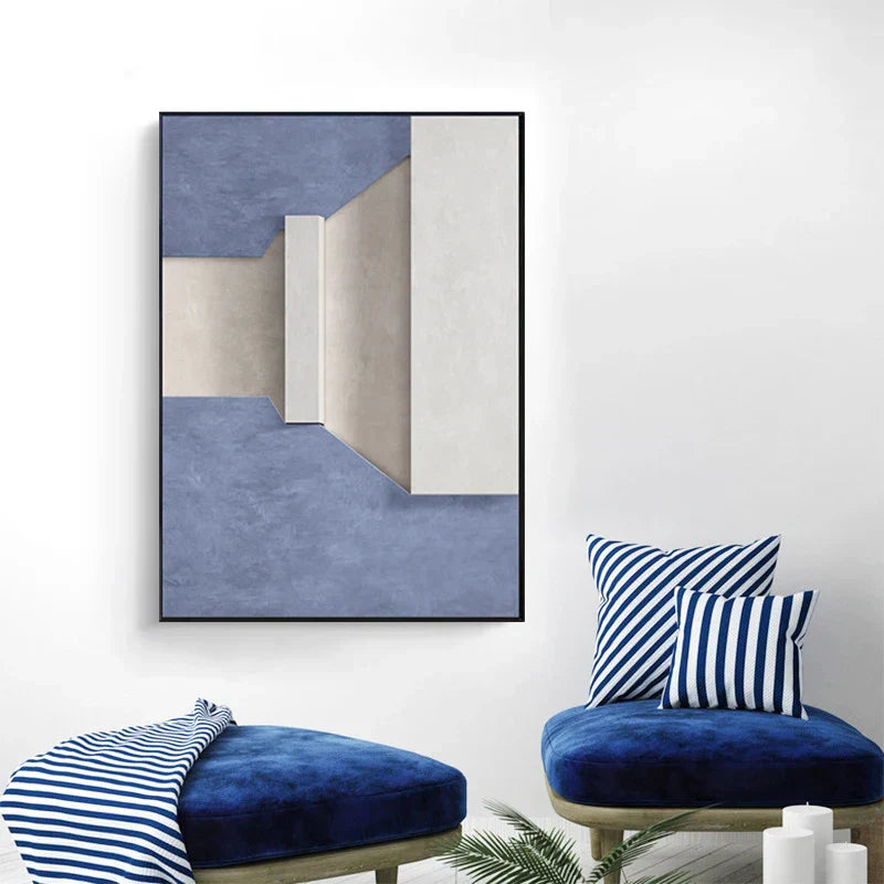 Modern Minimalist Abstract Geometric Canvas Print Wall Art - Three-Dimensional Design in Blue, Beige, and White - Contemporary Wall Art for Home or Office Decor | Kunsthaus Atelier-Homeandso