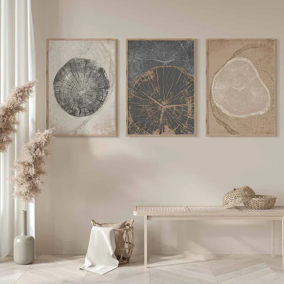 Rustic Tree Rings Abstract Nordic Wall Art Fine Art Canvas Prints Neutral Tones Beige/Gray/Black Wood Pictures For Living Room Dining Room Art Decor | Kunsthaus Atelier-Homeandso