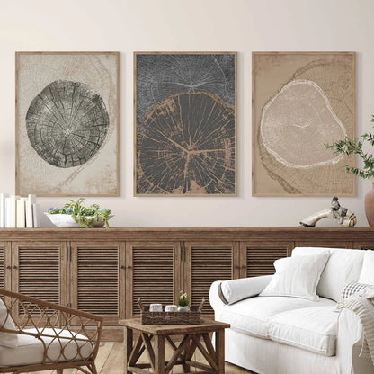 Rustic Tree Rings Abstract Nordic Wall Art Fine Art Canvas Prints Neutral Tones Beige/Gray/Black Wood Pictures For Living Room Dining Room Art Decor | Kunsthaus Atelier-Homeandso