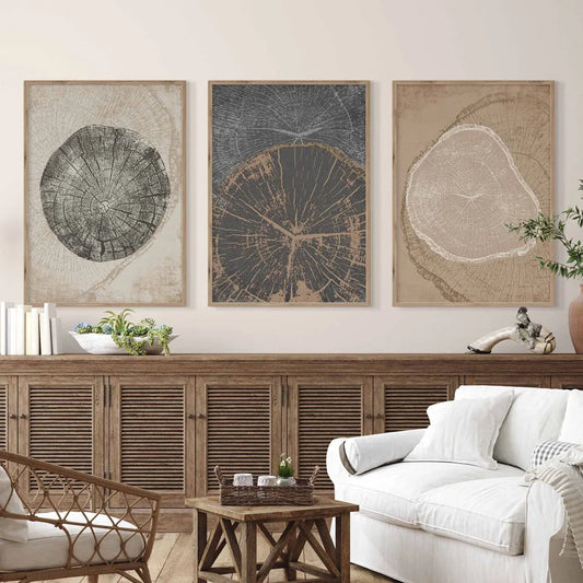Rustic Tree Rings Abstract Nordic Wall Art Fine Art Canvas Prints Neutral Tones Beige/Gray/Black Wood Pictures For Living Room Dining Room Art Decor | Kunsthaus Atelier-Homeandso