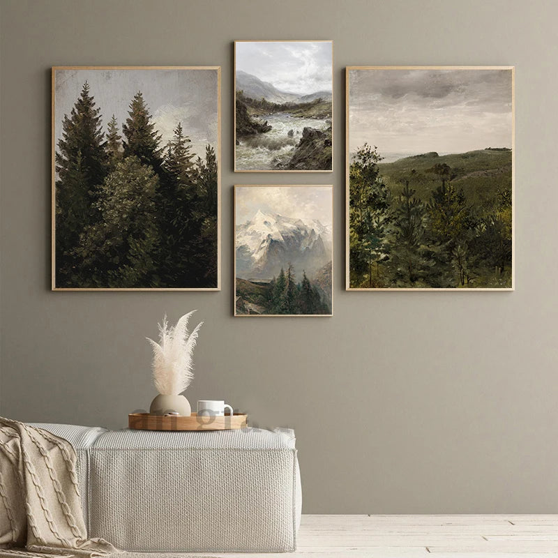 Rustic Vintage Landscape Oil Painting Mountain Forest Wall Art Fine Art Canvas Prints Gallery Wall Pictures For Living Room Dining Room Art Decoration | Kunsthaus Atelier-Homeandso