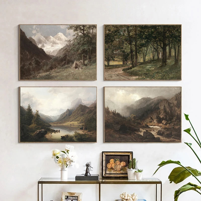Rustic Vintage Landscape Oil Painting Mountain Forest Wall Art Fine Art Canvas Prints Gallery Wall Pictures For Living Room Dining Room Art Decoration | Kunsthaus Atelier-Homeandso