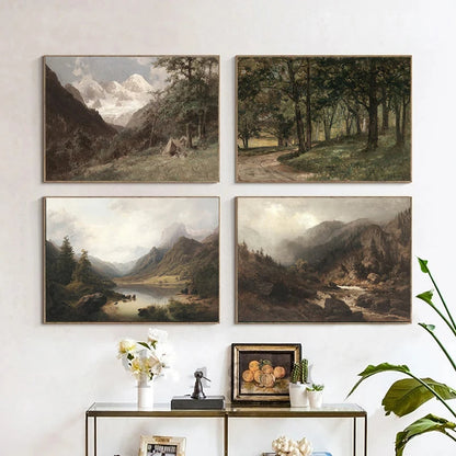 Rustic Vintage Landscape Oil Painting Mountain Forest Wall Art Fine Art Canvas Prints Gallery Wall Pictures For Living Room Dining Room Art Decoration | Kunsthaus Atelier-Homeandso